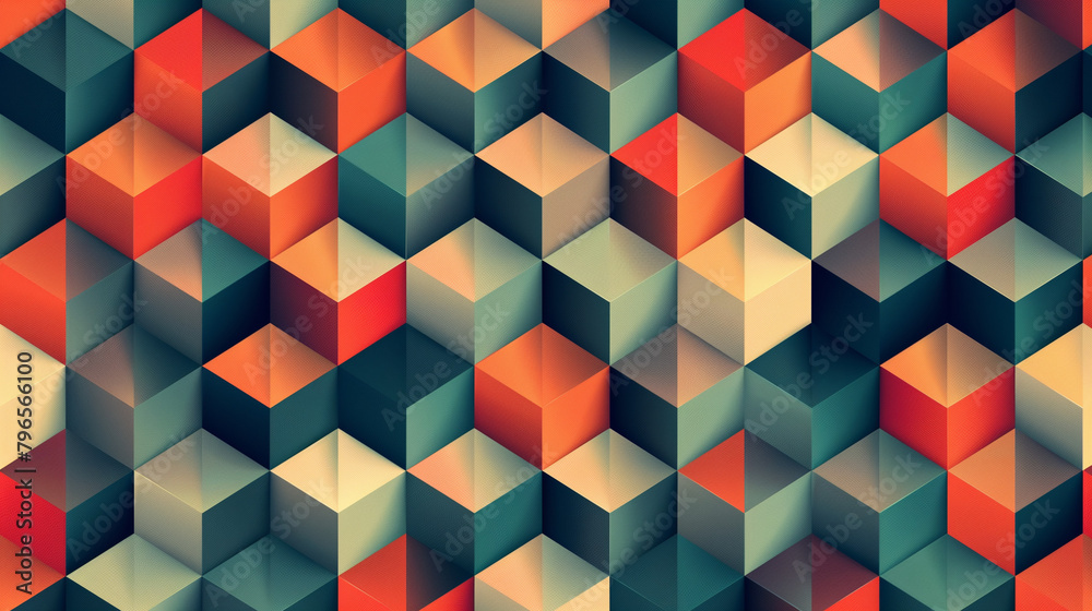 Fototapete Abstract blue background with a seamless pattern of 3D cubes,Colorful Geometric Triangle Mosaic Texture Art