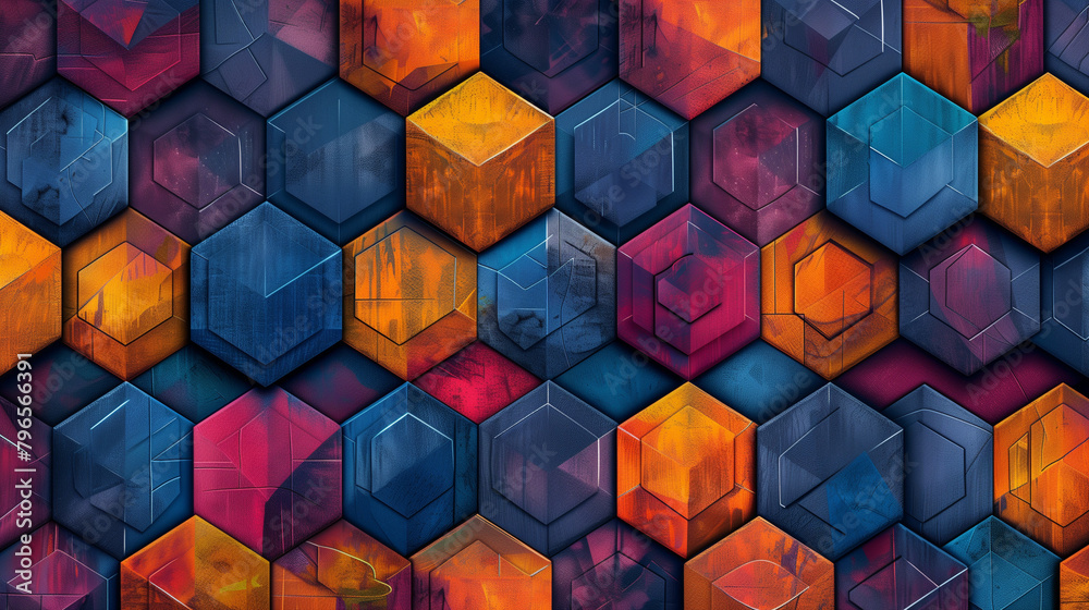 Fototapete abstract blue background with a seamless pattern of 3d cubes,colorful geometric triangle mosaic text