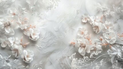 Elegant floral background with white and peach-toned 3D flowers and textured backdrop.