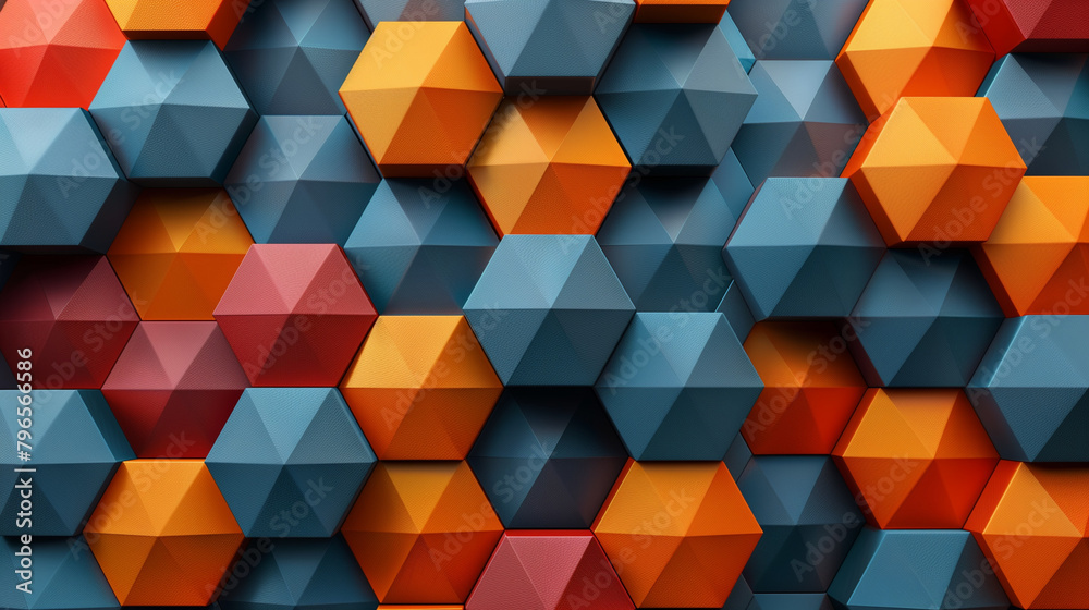 Fototapete Abstract blue background with a seamless pattern of 3D cubes,Colorful Geometric Triangle Mosaic Texture Art