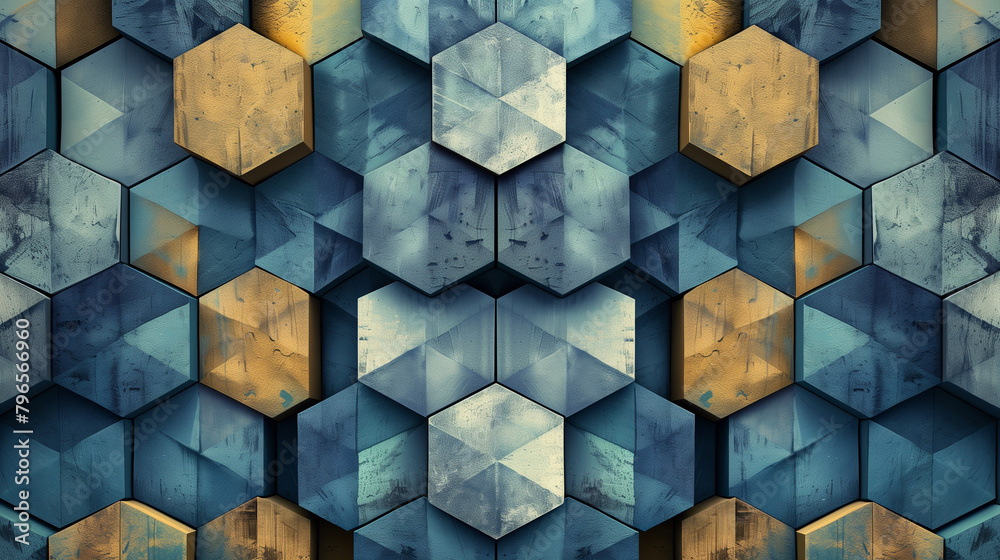 Fototapete abstract blue background with a seamless pattern of 3d cubes,colorful geometric triangle mosaic text
