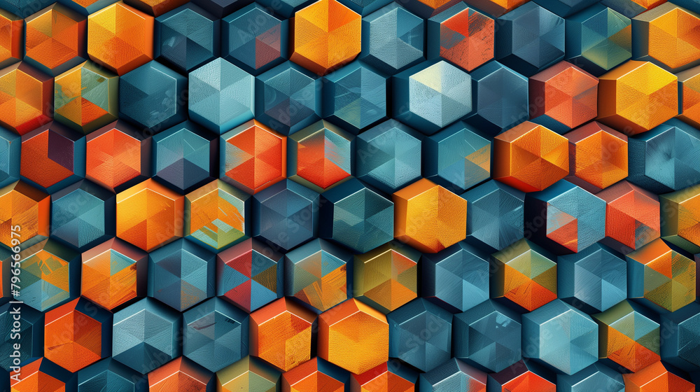 Fototapete abstract blue background with a seamless pattern of 3d cubes,colorful geometric triangle mosaic text
