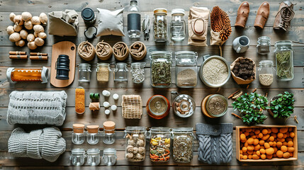 Variety of products made from recycled materials, clothing, furniture, building materials and household items. Recycling, sustainable, zero waste