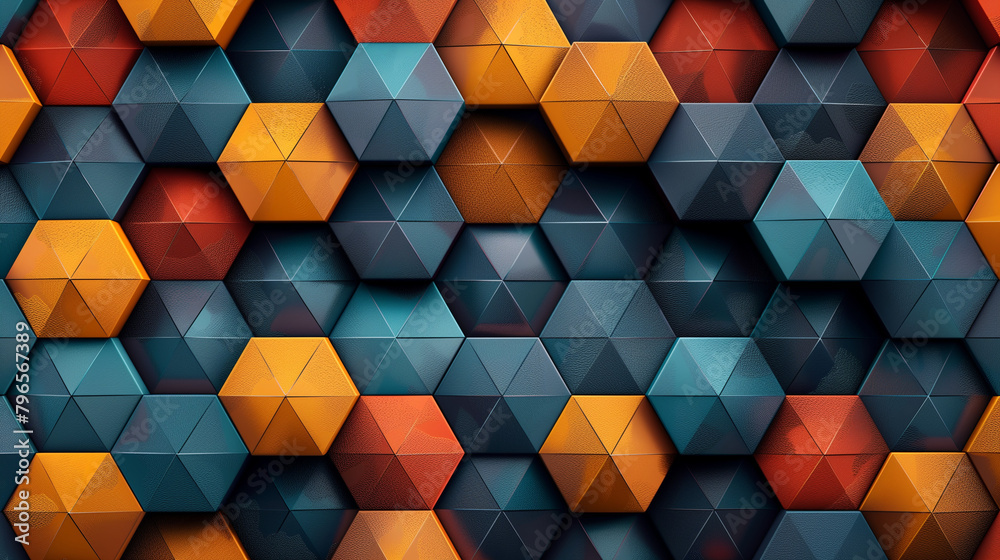 Fototapete Abstract blue background with a seamless pattern of 3D cubes,Colorful Geometric Triangle Mosaic Texture Art