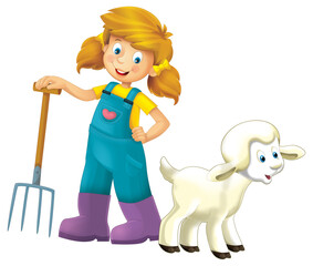 cartoon scene with farmer girl standing with pitchfork and farm animal sheep isolated background illustation for children
