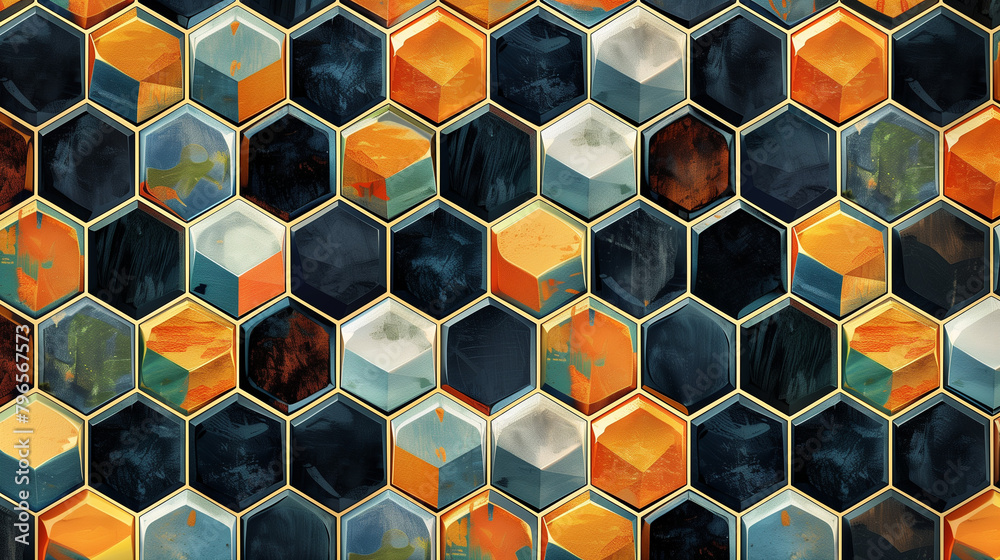 Fototapete Abstract blue background with a seamless pattern of 3D cubes,Colorful Geometric Triangle Mosaic Texture Art