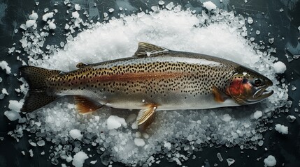 Obraz premium Fresh trout on a bed of crushed ice against a dark background, detailed and realistic.