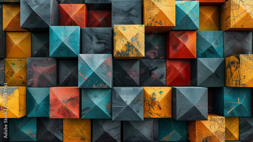 Fototapete Abstract blue background with a seamless pattern of 3D cubes,Colorful Geometric Triangle Mosaic Texture Art