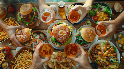 Lockdown fast food dinner from delivery service, Flat lay of friends sitting and having beer quarantine party with burgers, french fries, sandwiches, pizza and salad over table background, top view