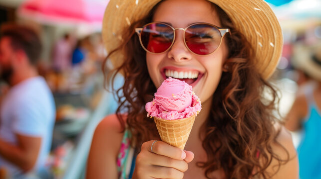 Cheerful woman in sunglasses enjoying ice cream on a summer day outdoors.