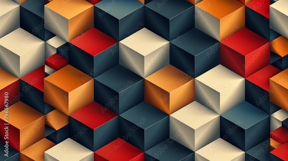 Fototapete Abstract blue background with a seamless pattern of 3D cubes,Colorful Geometric Triangle Mosaic Texture Art