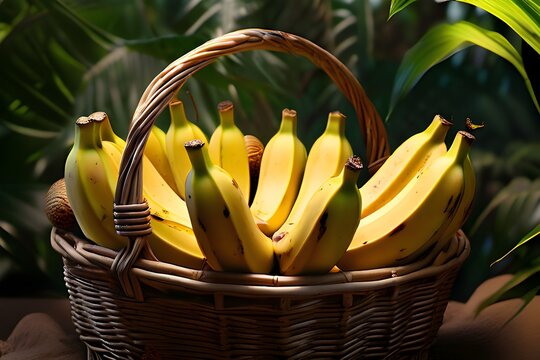 A colorful basket filled with freshly picked saba bananas and matoke from the area, signifying the abundance of whole, natural foods and the delight of dining outside
