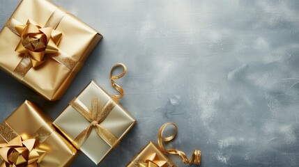Elegant golden gift boxes with shiny ribbons on a textured grey background.