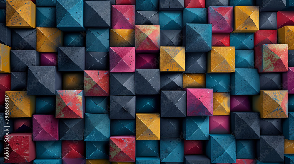 Fototapete Abstract blue background with a seamless pattern of 3D cubes,Colorful Geometric Triangle Mosaic Texture Art