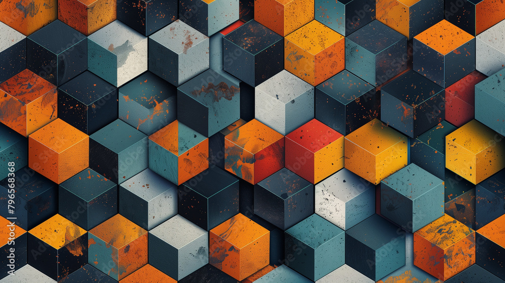 Fototapete abstract blue background with a seamless pattern of 3d cubes,colorful geometric triangle mosaic text