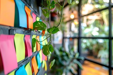 Colorful sticky notes on office wall symbolize creative space for generating ideas. Concept Creativity, Office Innovation, Sticky Notes, Idea Generation, Colorful Workspace