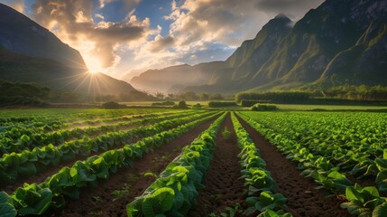 Breathtaking sunrise over a lush green tobacco field with majestic mountains in the background. - obrazy, fototapety, plakaty