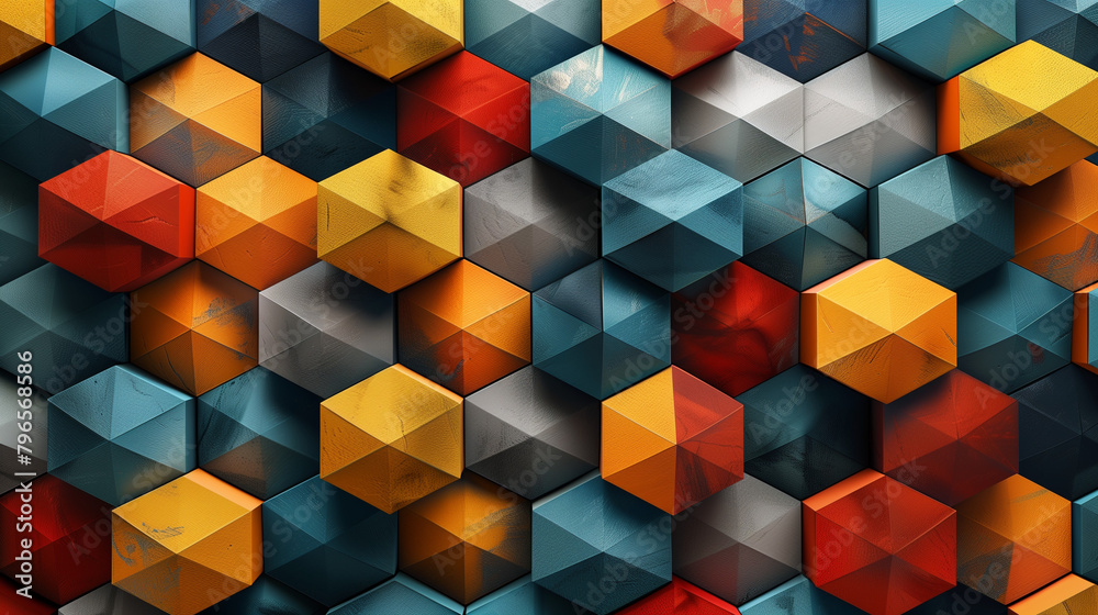 Fototapete Abstract blue background with a seamless pattern of 3D cubes,Colorful Geometric Triangle Mosaic Texture Art