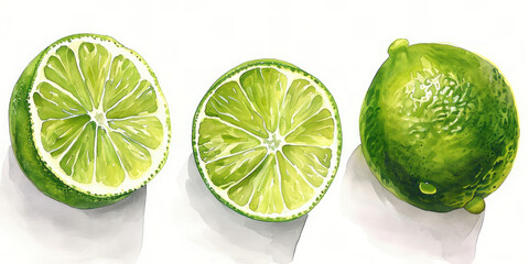 Vibrant Watercolor Painting of Three Limes on White Background with Realistic Limes