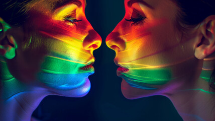 two women faces facing each other, the rainbow flag is projected on their faces - 796568577
