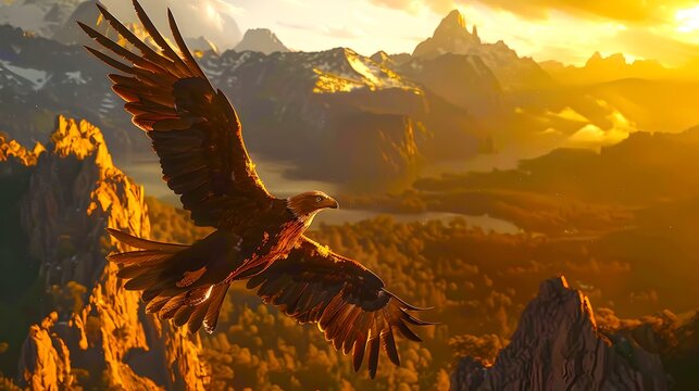 Majestic Eagle in Flight Against a Golden Mountainous Sunset. Nature's Beauty Captured in Vibrant Colors. Wildlife and Scenic Landscape Photography. AI