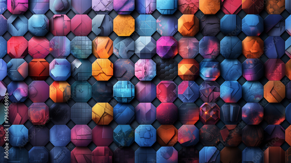 Fototapete Abstract blue background with a seamless pattern of 3D cubes,Colorful Geometric Triangle Mosaic Texture Art