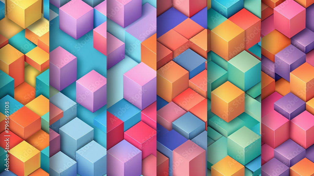 Fototapete Abstract blue background with a seamless pattern of 3D cubes,Colorful Geometric Triangle Mosaic Texture Art