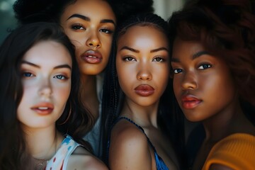 Obraz premium Portrait of diverse group of beautiful women representing multiethnic beauty and friendship. Concept Diverse Group, Multiethnic Beauty, Friendship, Beautiful Women, Portrait