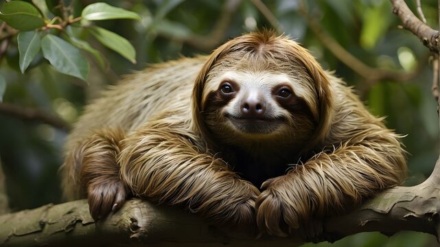 A sloth hanging upside down from a tree branch, its fur a mix of earthy browns and greens, its eyes closed in peaceful slumber.