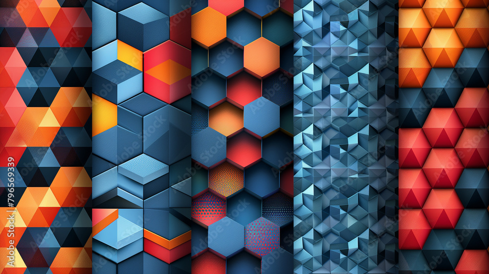 Fototapete Abstract blue background with a seamless pattern of 3D cubes,Colorful Geometric Triangle Mosaic Texture Art