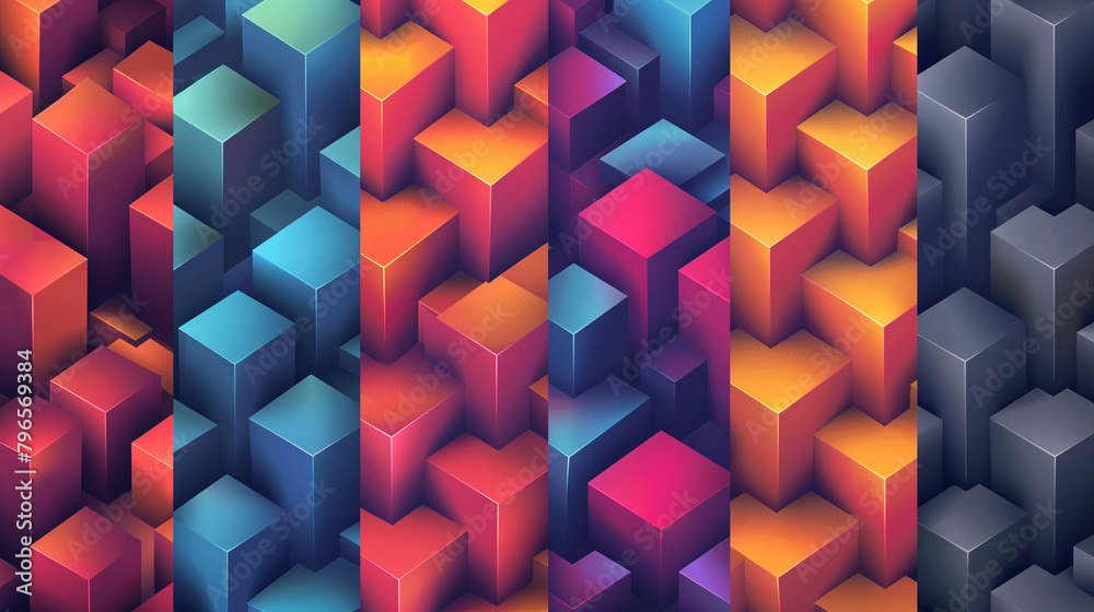 Fototapete Abstract blue background with a seamless pattern of 3D cubes,Colorful Geometric Triangle Mosaic Texture Art