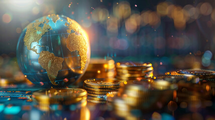 Globe and pile of gold coins - 796569313