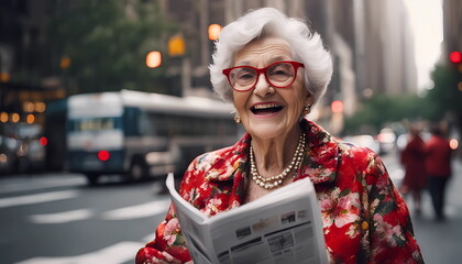 Laughing elderly couple in floral jacket and red glasses reads fake news
