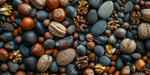 Assorted nuts and seeds arranged in a pattern on black background for texture and healthy eating concept