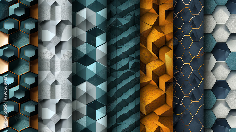 Fototapete Abstract blue background with a seamless pattern of 3D cubes,Colorful Geometric Triangle Mosaic Texture Art