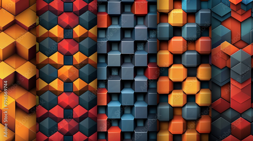 Fototapete Abstract blue background with a seamless pattern of 3D cubes,Colorful Geometric Triangle Mosaic Texture Art