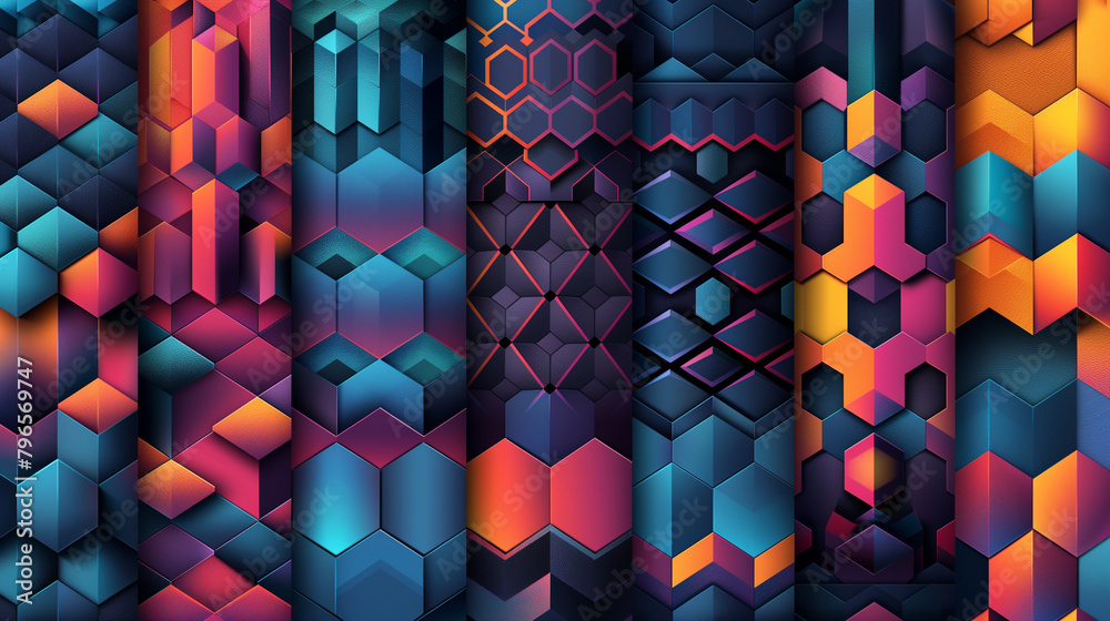 Fototapete Abstract blue background with a seamless pattern of 3D cubes,Colorful Geometric Triangle Mosaic Texture Art