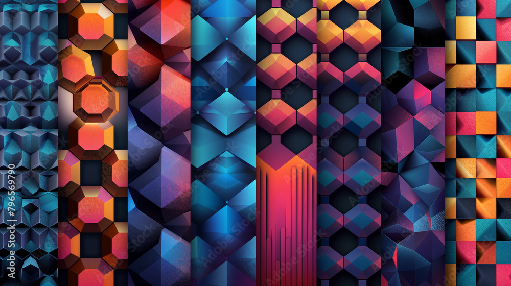 Fototapete Abstract blue background with a seamless pattern of 3D cubes,Colorful Geometric Triangle Mosaic Texture Art