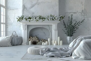 Fototapeta premium D visualization of a white and gray bedroom with a fireplace and decor. Concept 3D visualization, White and Gray Bedroom, Fireplace, Home Decor