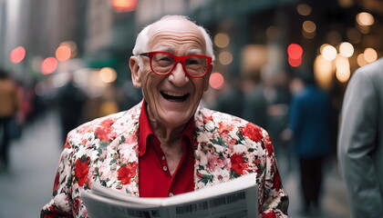 Laughing elderly couple in floral jacket and red glasses reads fake news