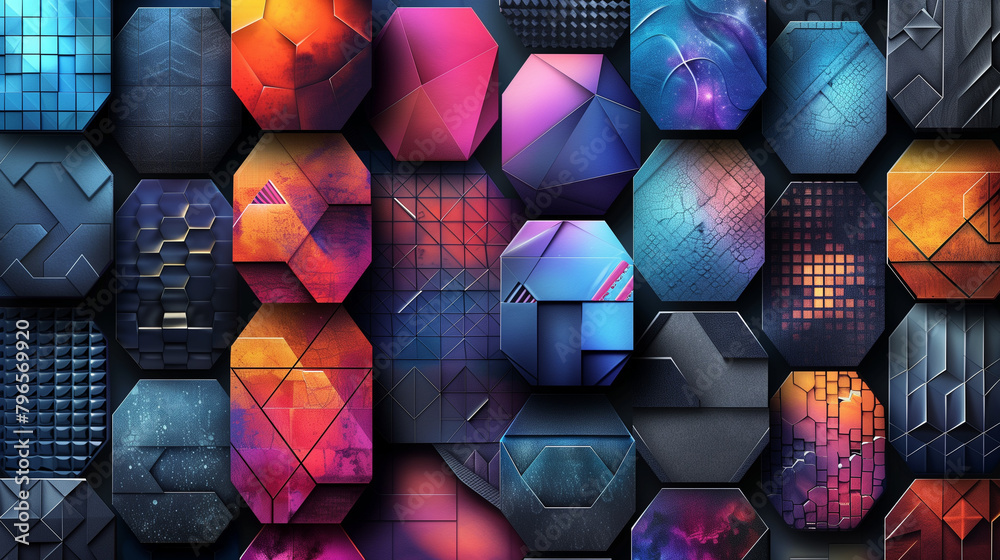 Fototapete Abstract blue background with a seamless pattern of 3D cubes,Colorful Geometric Triangle Mosaic Texture Art