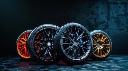 Four car wheels with stylish rims, each in a different color, displayed against a dark backdrop.