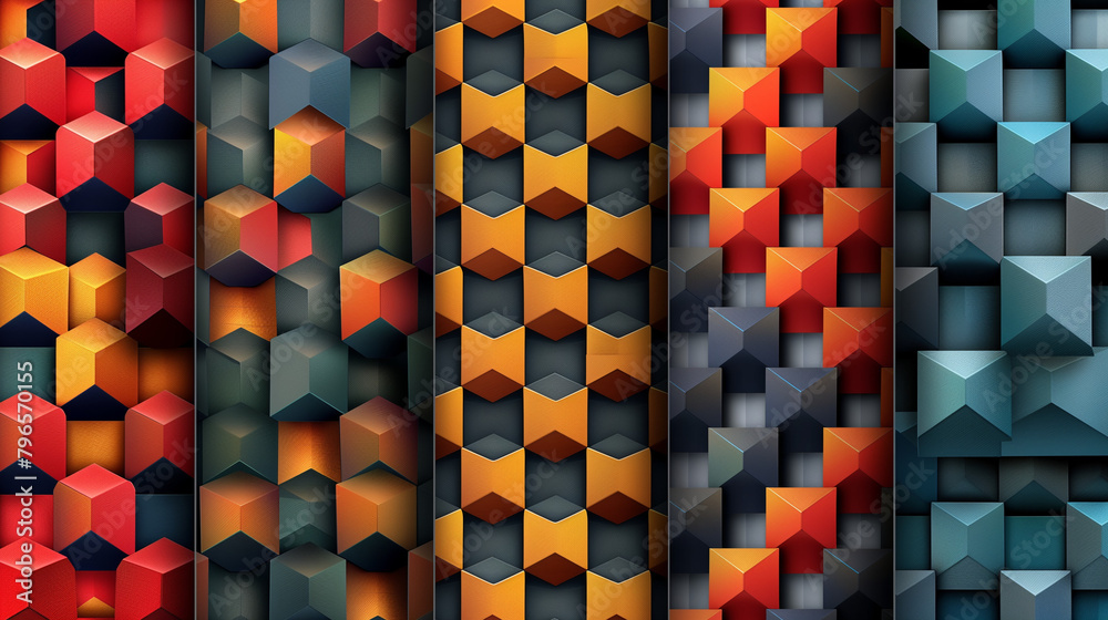Fototapete abstract blue background with a seamless pattern of 3d cubes,colorful geometric triangle mosaic text