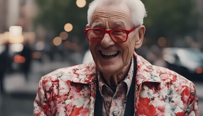 Laughing elderly couple in floral jacket and red glasses reads fake news