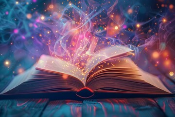 Colorful open book with magical knowledge and music. Concept Magical Knowledge, Colorful Books, Music, Fantasy, Inspiration