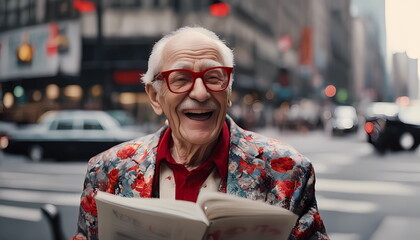 Laughing elderly couple in floral jacket and red glasses reads fake news