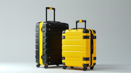 Three stylish hard-shell suitcases in varied sizes with black and yellow color scheme.