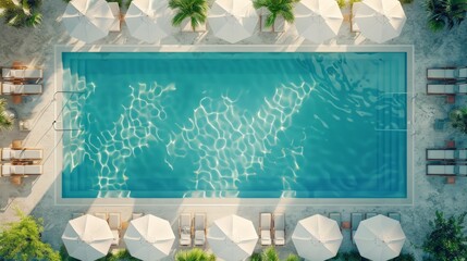 Aerial view of a modern beach club pool area
