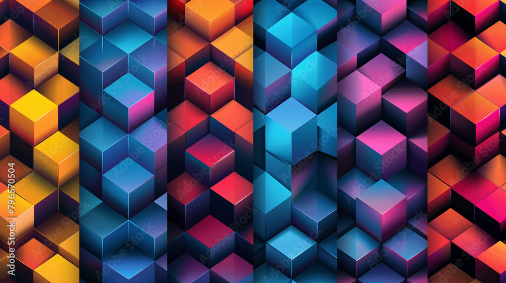 Fototapete Abstract blue background with a seamless pattern of 3D cubes,Colorful Geometric Triangle Mosaic Texture Art