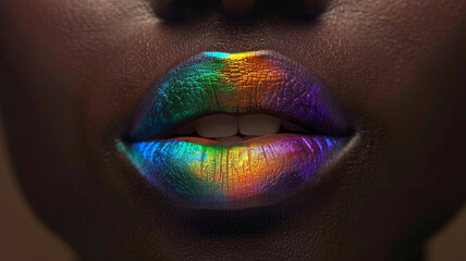 Black woman lips painted with rainbow lipstick